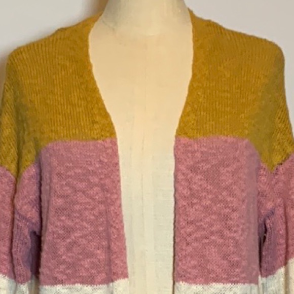 CHARLIE B cream, pink & green striped 100% cotton, long open Cardigan. Small - Picture 5 of 7